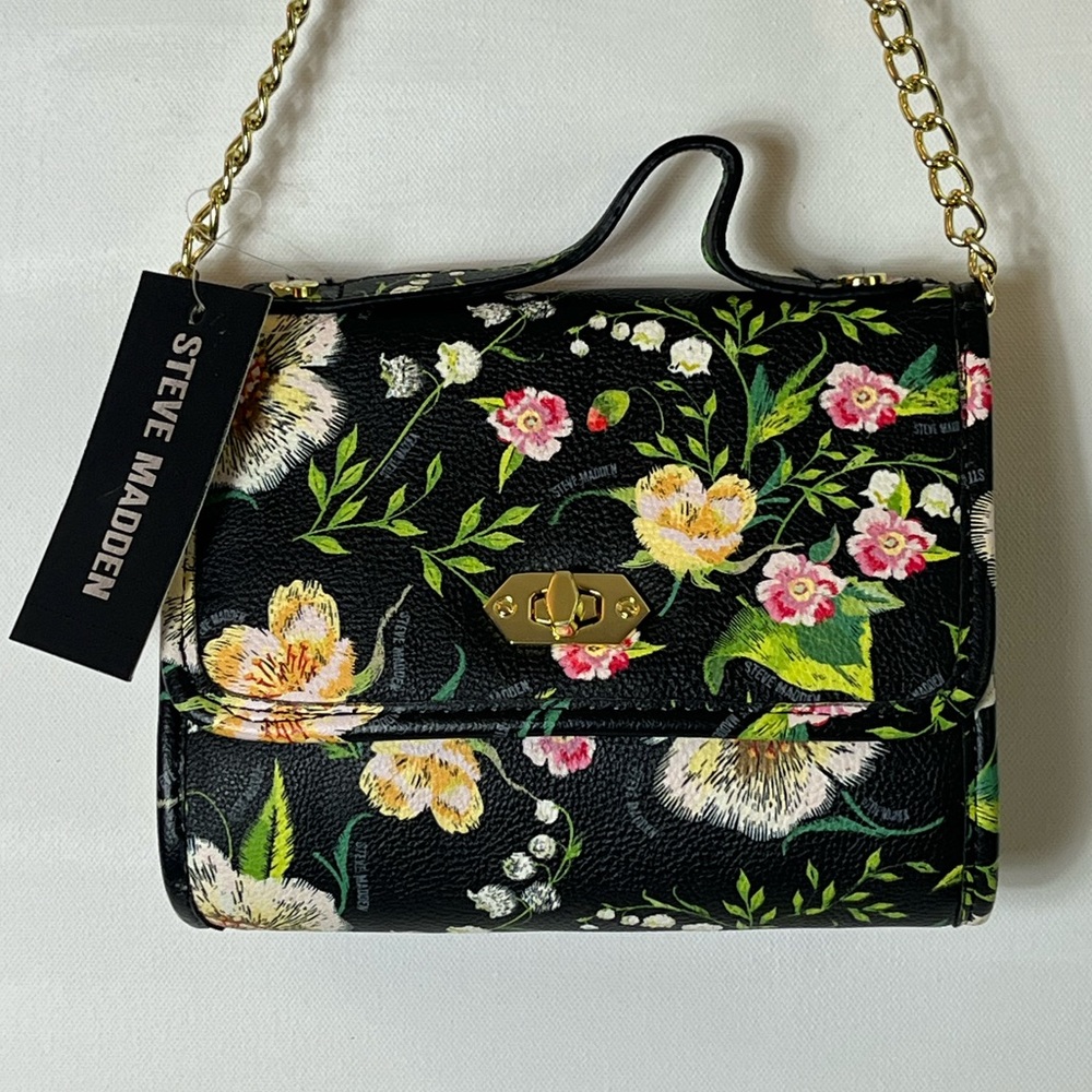 Women’s Black Floral BNOVA Steve Madden Purse Handbag Crossbody Bag 6 x 8” NWT
